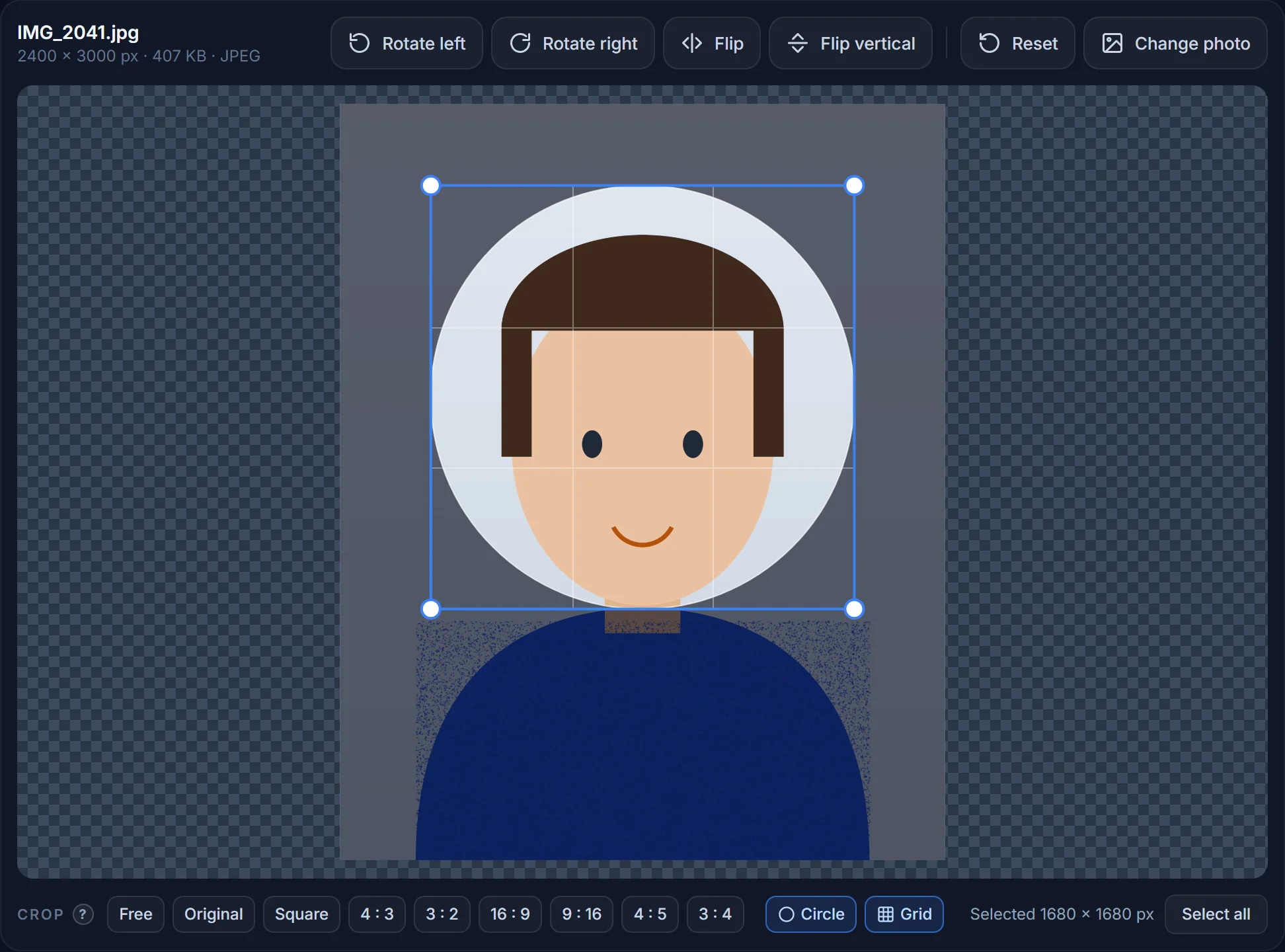 A portrait photo with a circular crop frame around the face; the file format has switched to PNG