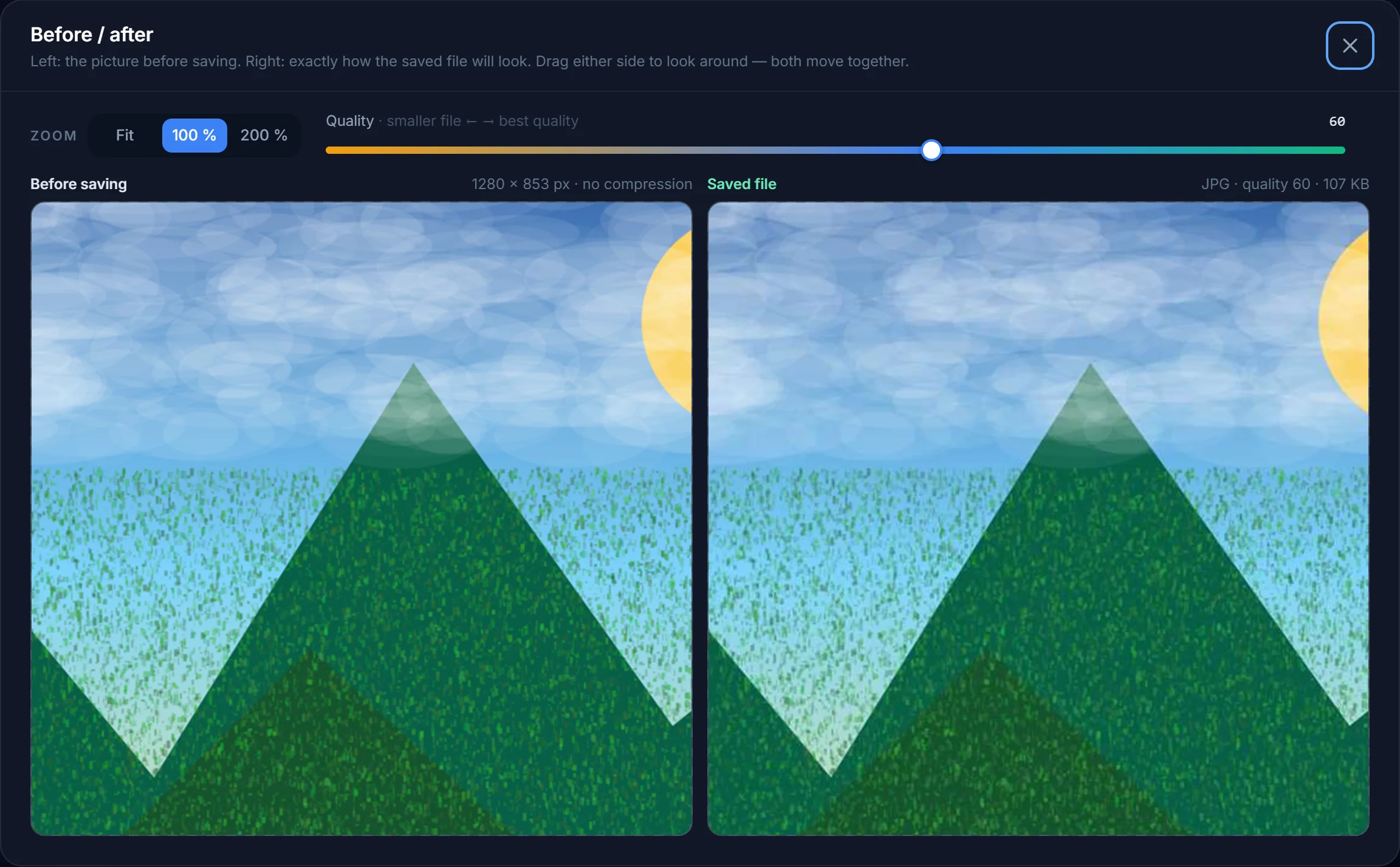 The before / after dialog: the uncompressed picture on the left, the saved JPG at quality 60 (20.8 KB) on the right