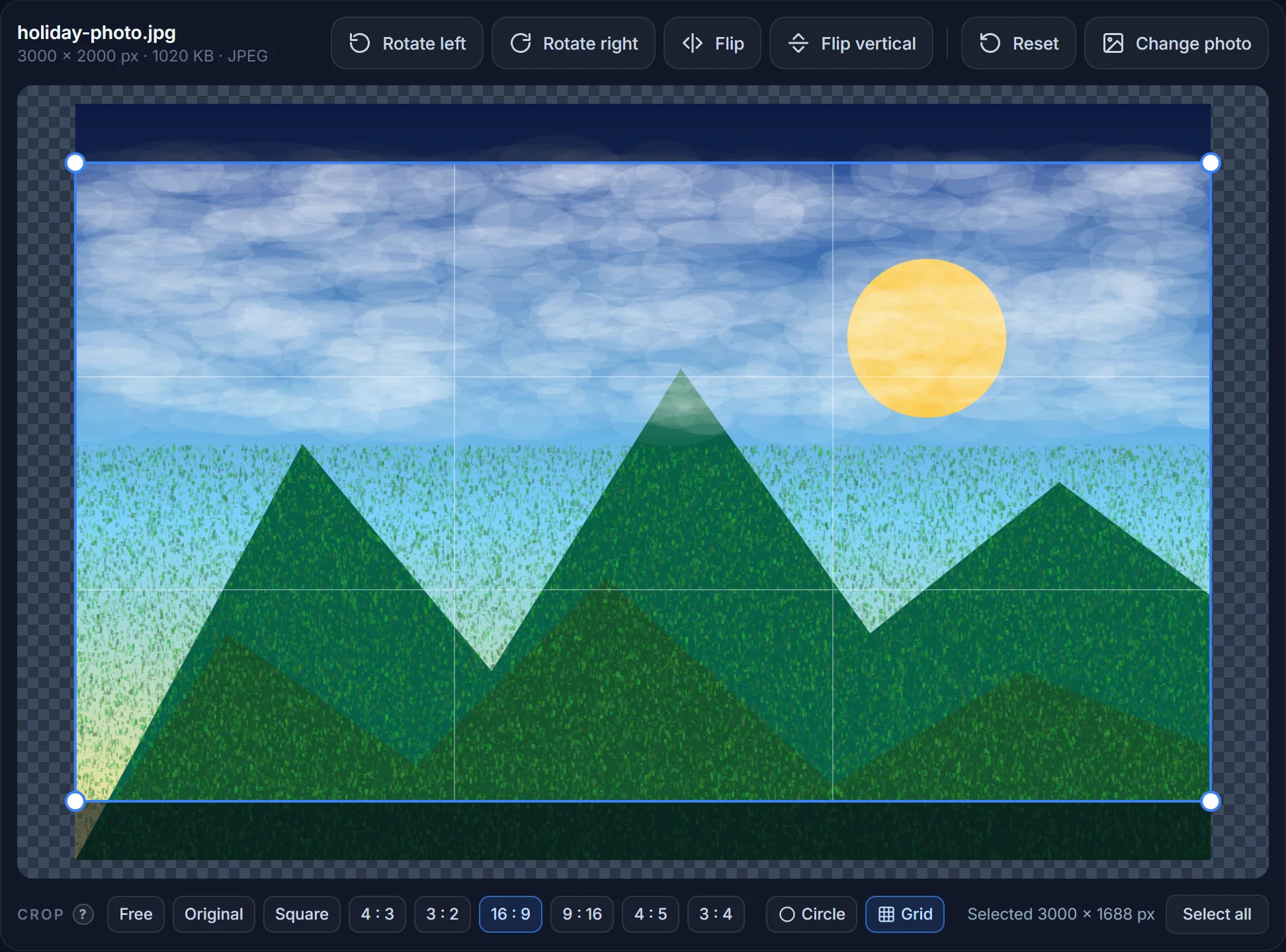 A landscape photo in the resizer with the crop frame locked to 16 : 9