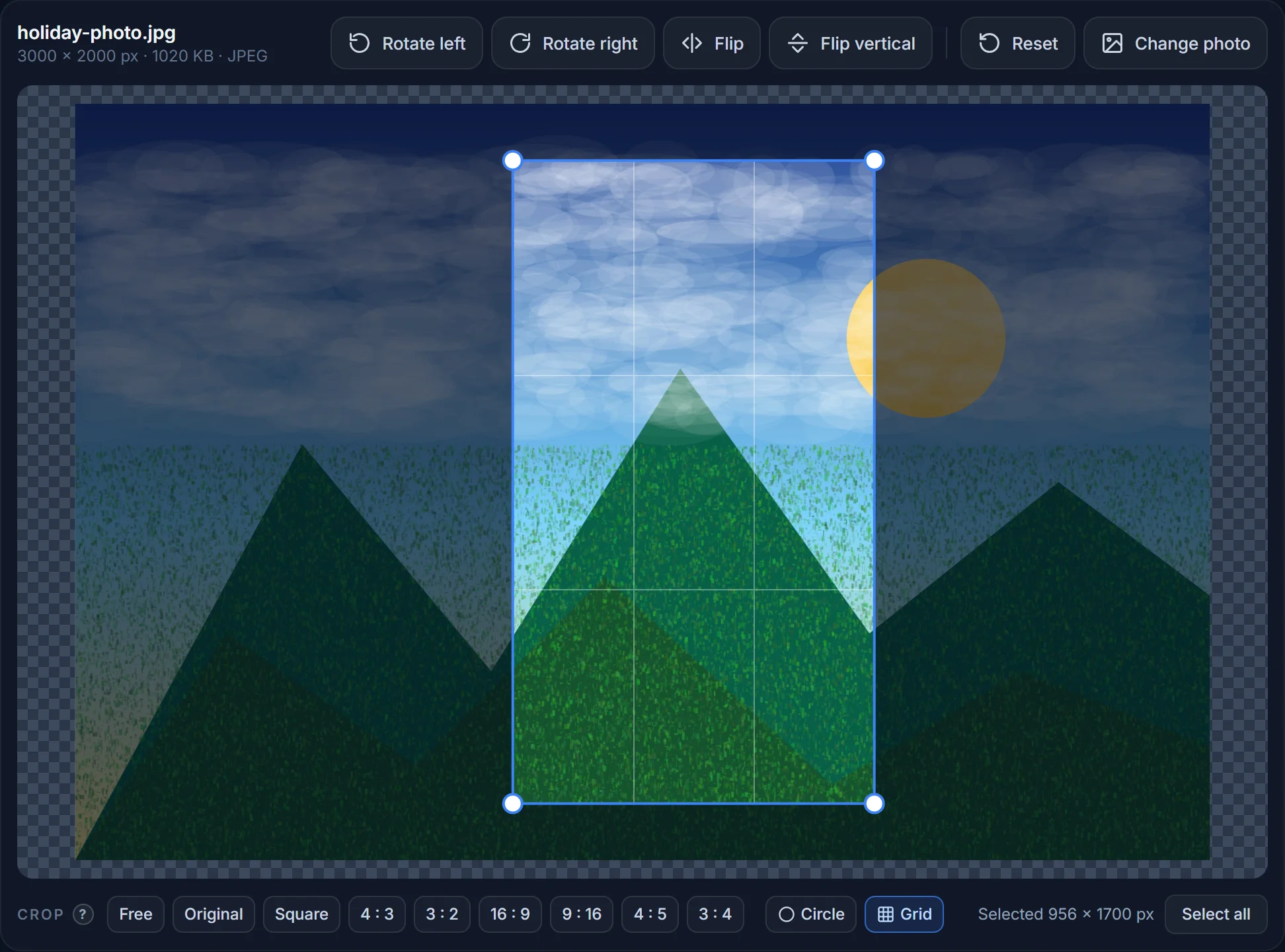 A landscape photo with the crop frame locked to 9 : 16 for a Story, shifted to the right over the sun
