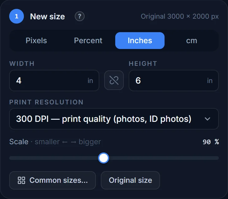 The New size panel set to Inches, 300 DPI, 4 by 6 inches