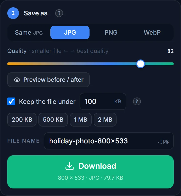 The Save as panel with a 100 KB limit and the real file size on the Download button