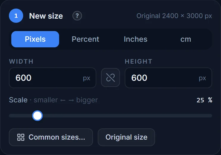 The New size panel with the lock off and 600 × 600 pixels typed in
